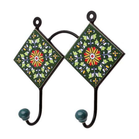 Green Floral Ceramic Tiles Hooks-459 (Set Of Ine Piece)